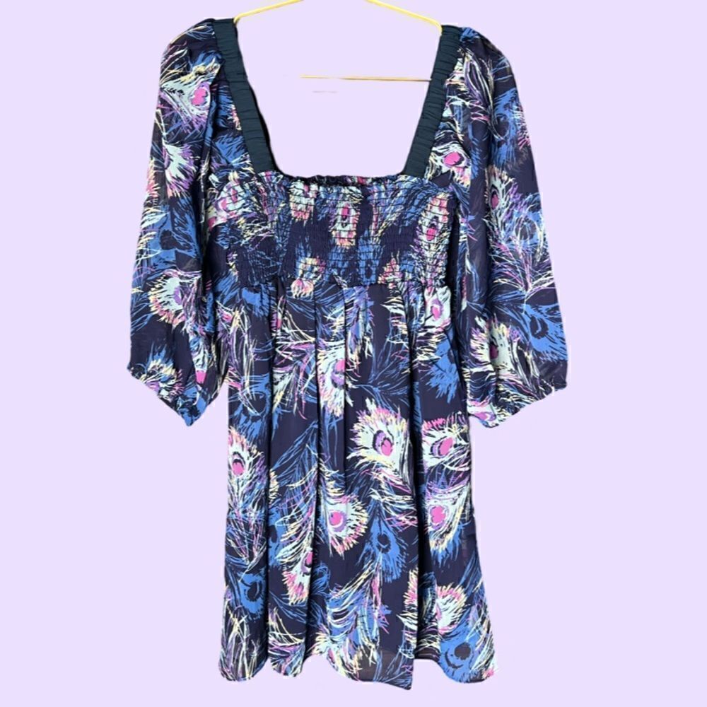 REVOLVE Three Eighty-Two Smocked, Puff Sleeve Mini Dress in Peacock. Medium. NEW